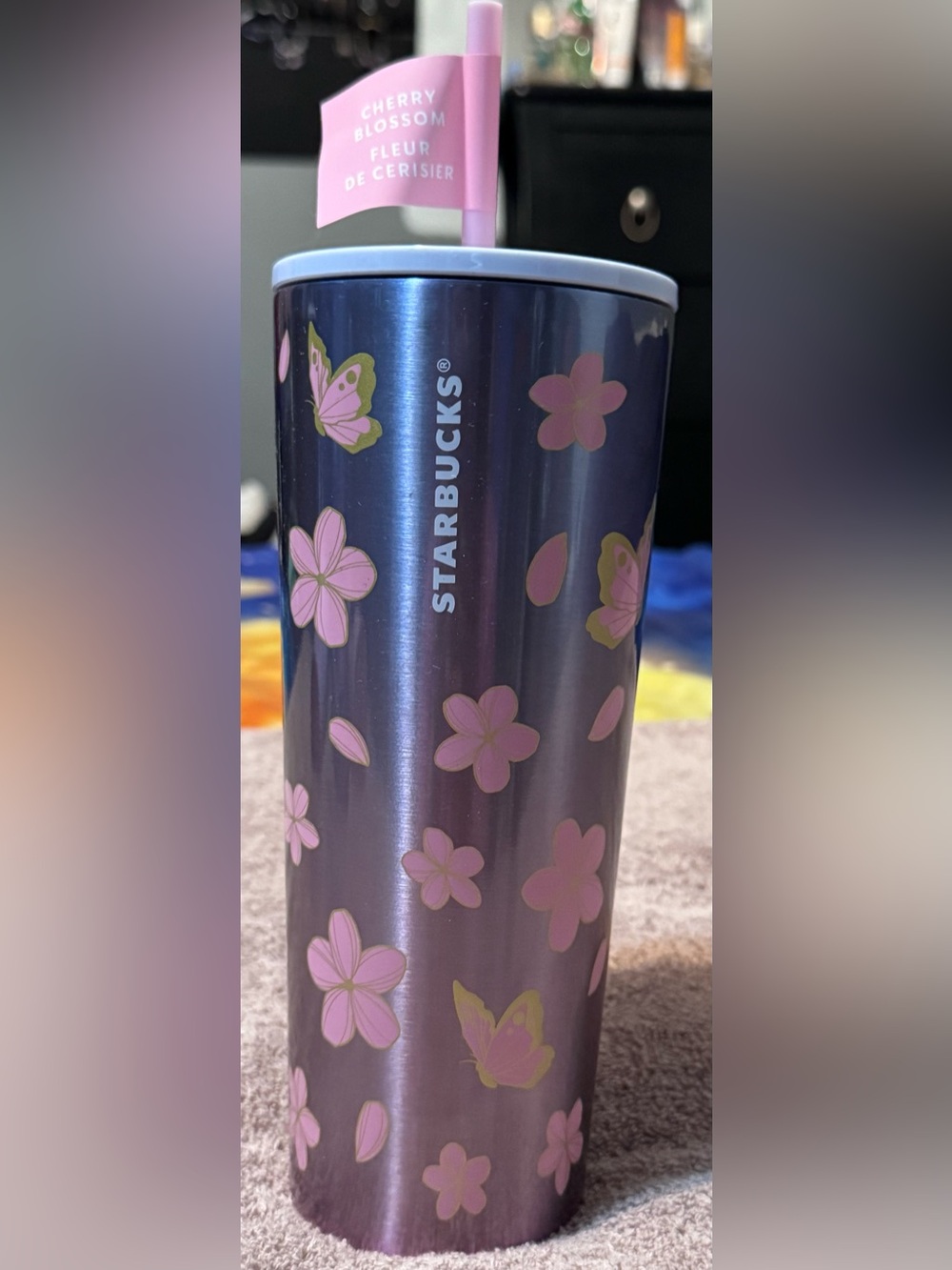 Starbucks Purple Metallic Tumbler with Pink Floral Design